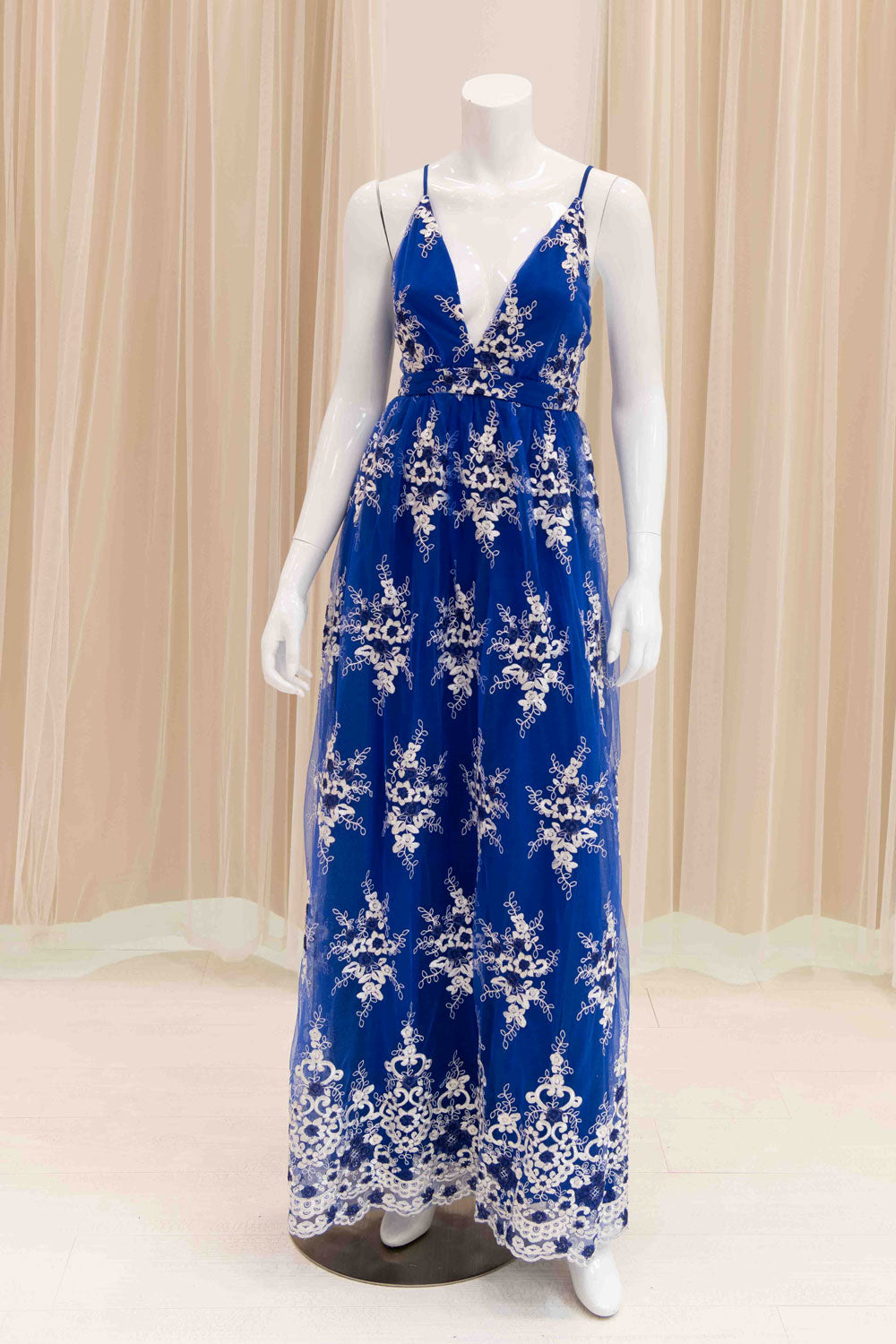 Royal Blue Mesh Sun Dress with White Floral Embroidery