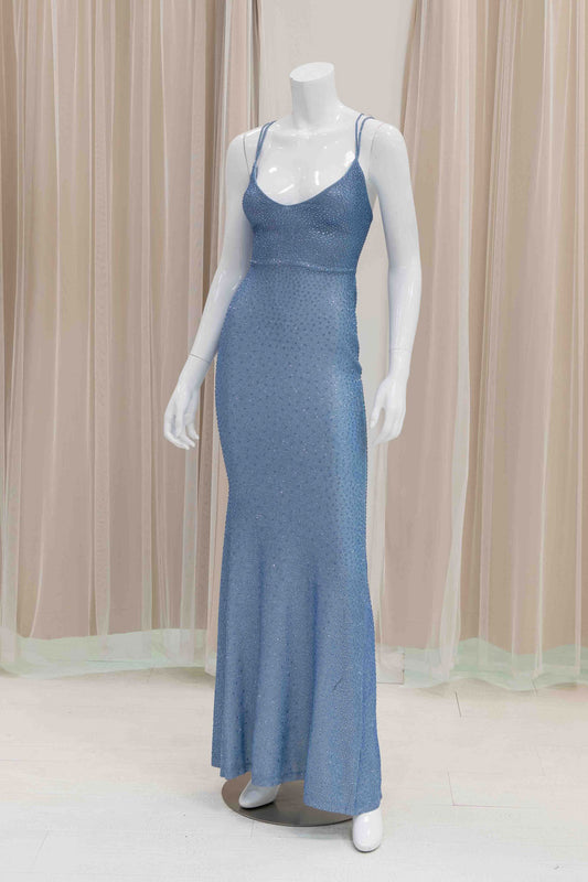Simple Light Blue Tie Back Evening Gown