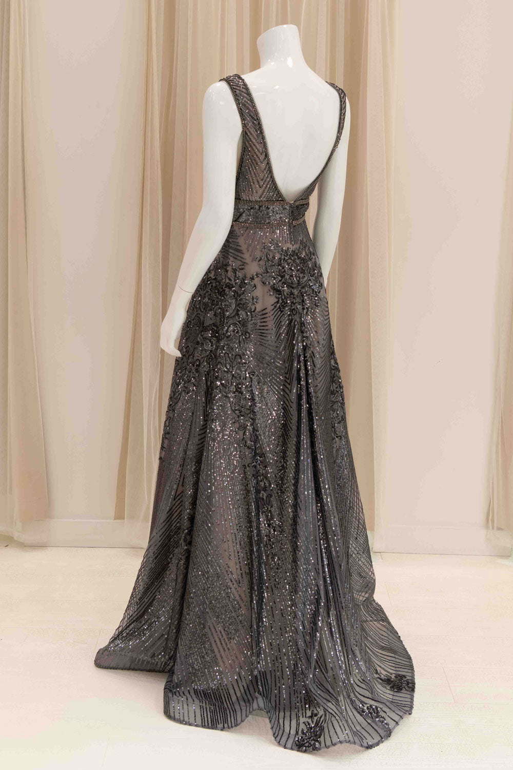 Gunmetal Grey A-Line Sequin Evening Gown for Mother of the Quineanera
