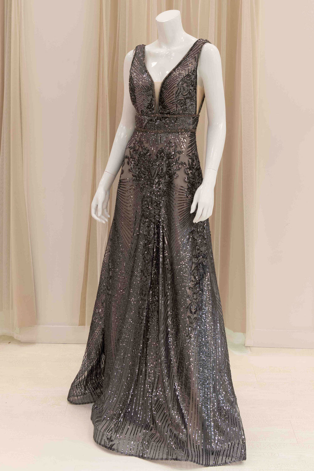 Gunmetal Grey A-Line Sequin Evening Gown for Mother of the Bride