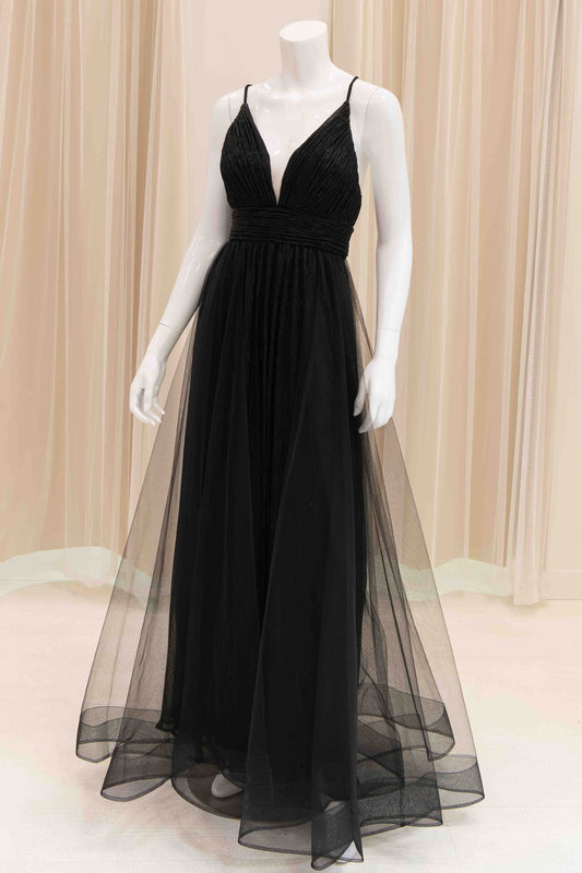 Mesh Evening Gown with Overskirt in Black