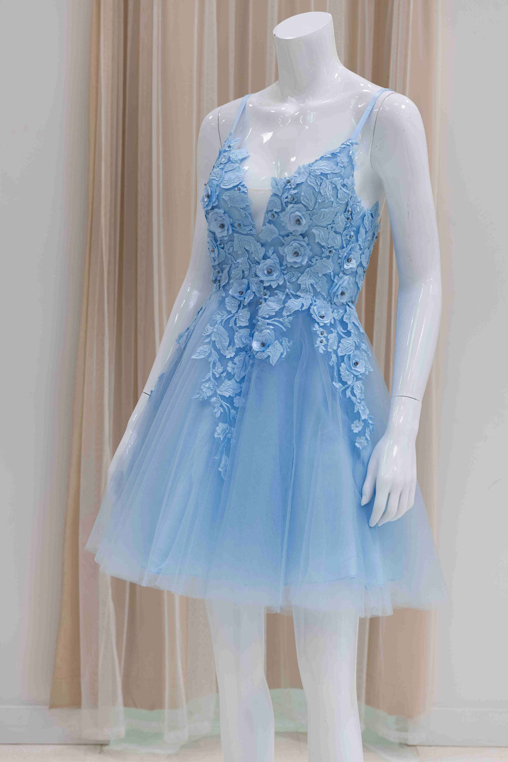 3D Flower Applique Short Fit and Flare Cocktail Dress in Baby Blue