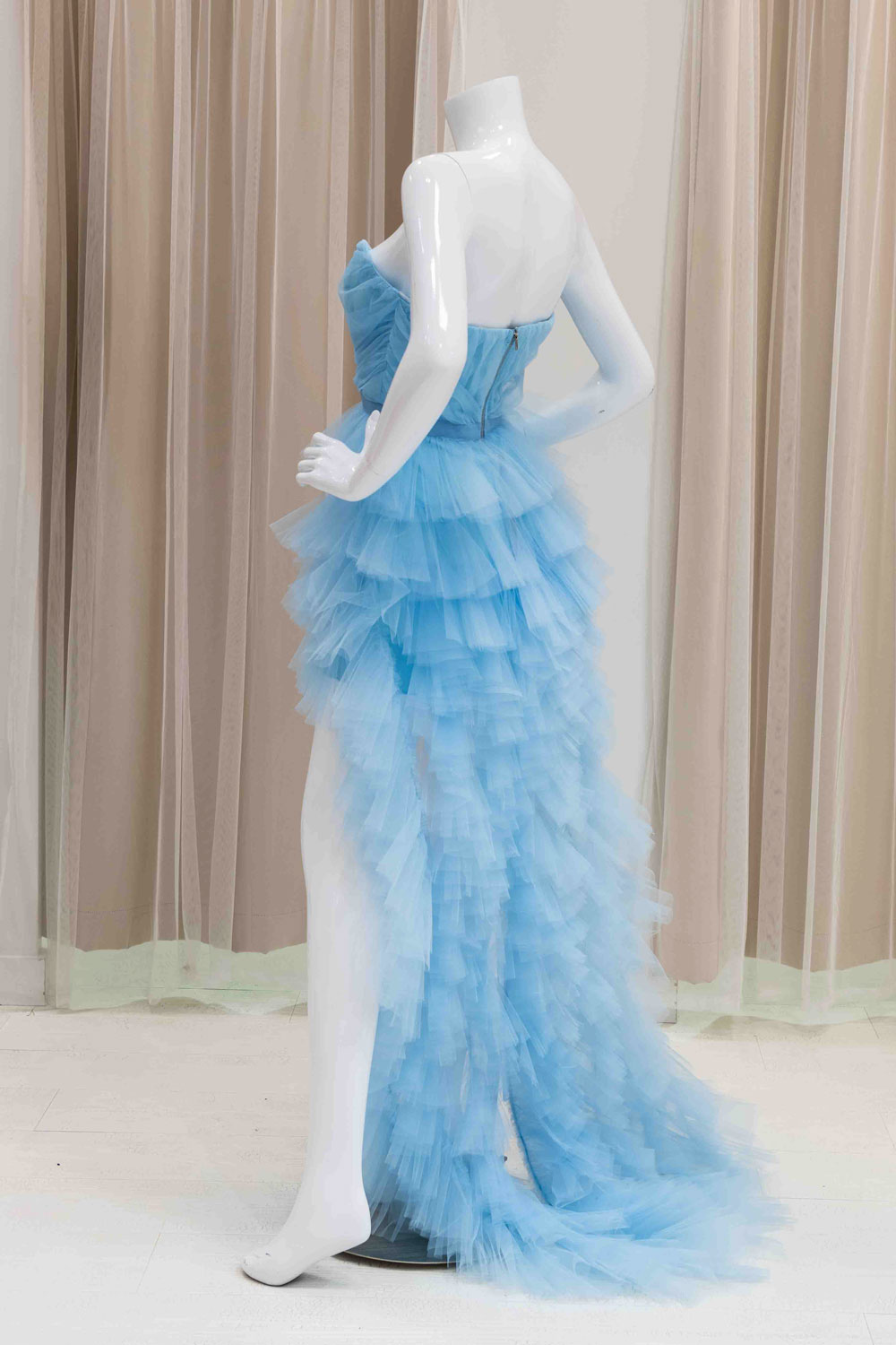 Layered Tulle Dress with Train in Light Blue