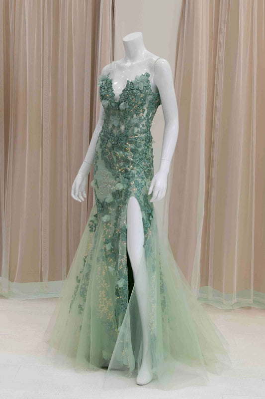 Sage Green Butterfly Applique Mermaid Evening Gown