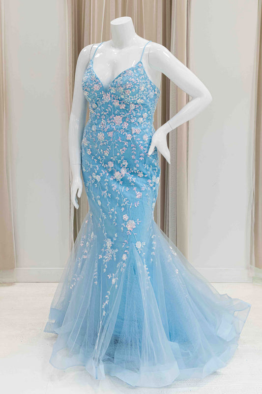 Sequin Flower Embroidery Mermaid Evening Gown
