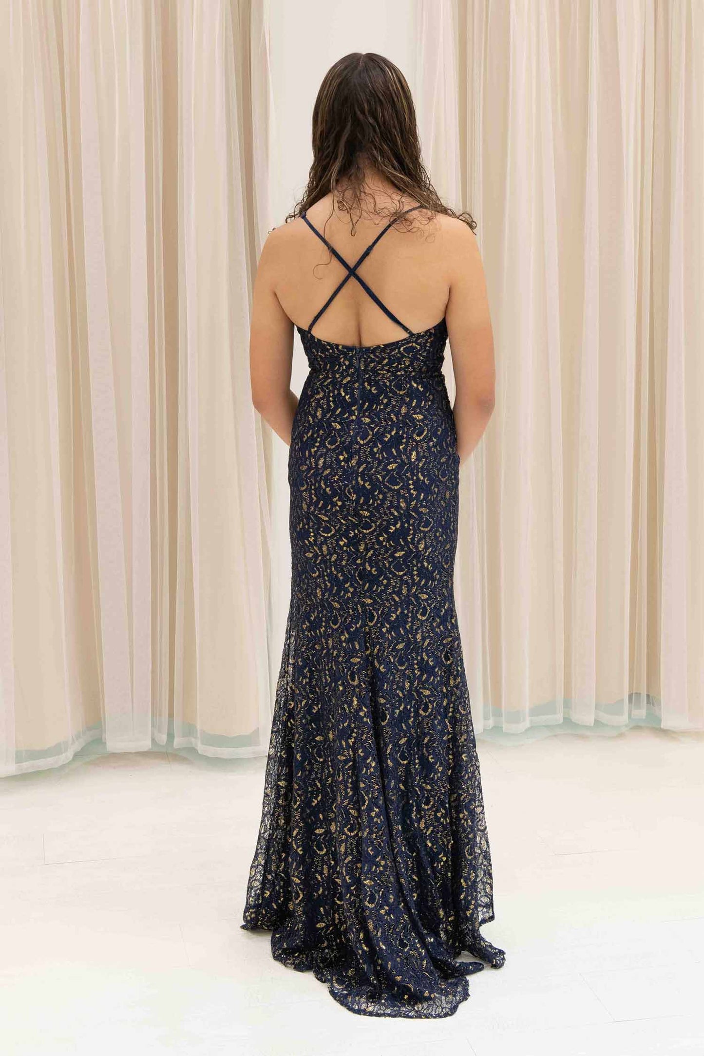 Adison Lace Evening Gown in Navy Blue