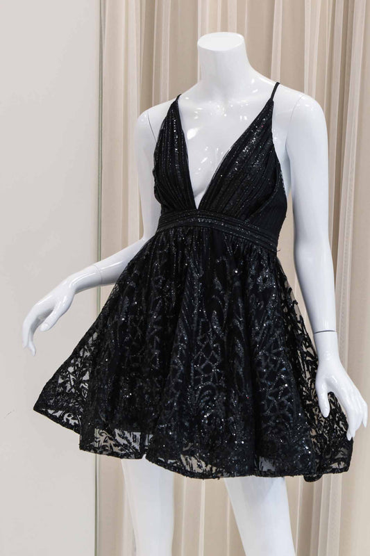 Aliah Marie Glitter Fit and Flare Dress in Black
