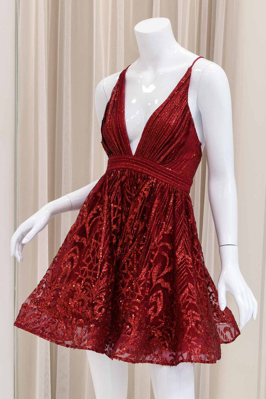 Aliah Marie Glitter Fit and Flare Dress in Burgundy