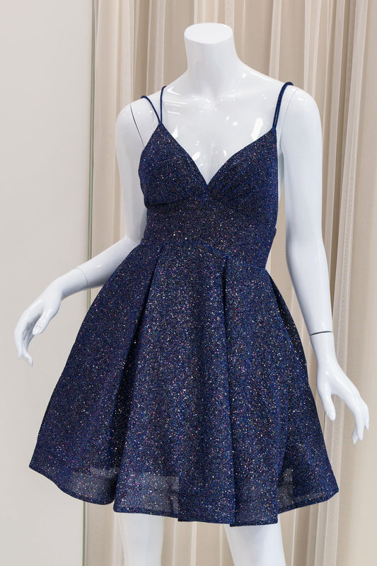 Amy Glitter Fit and Flare Dress in Navy Blue