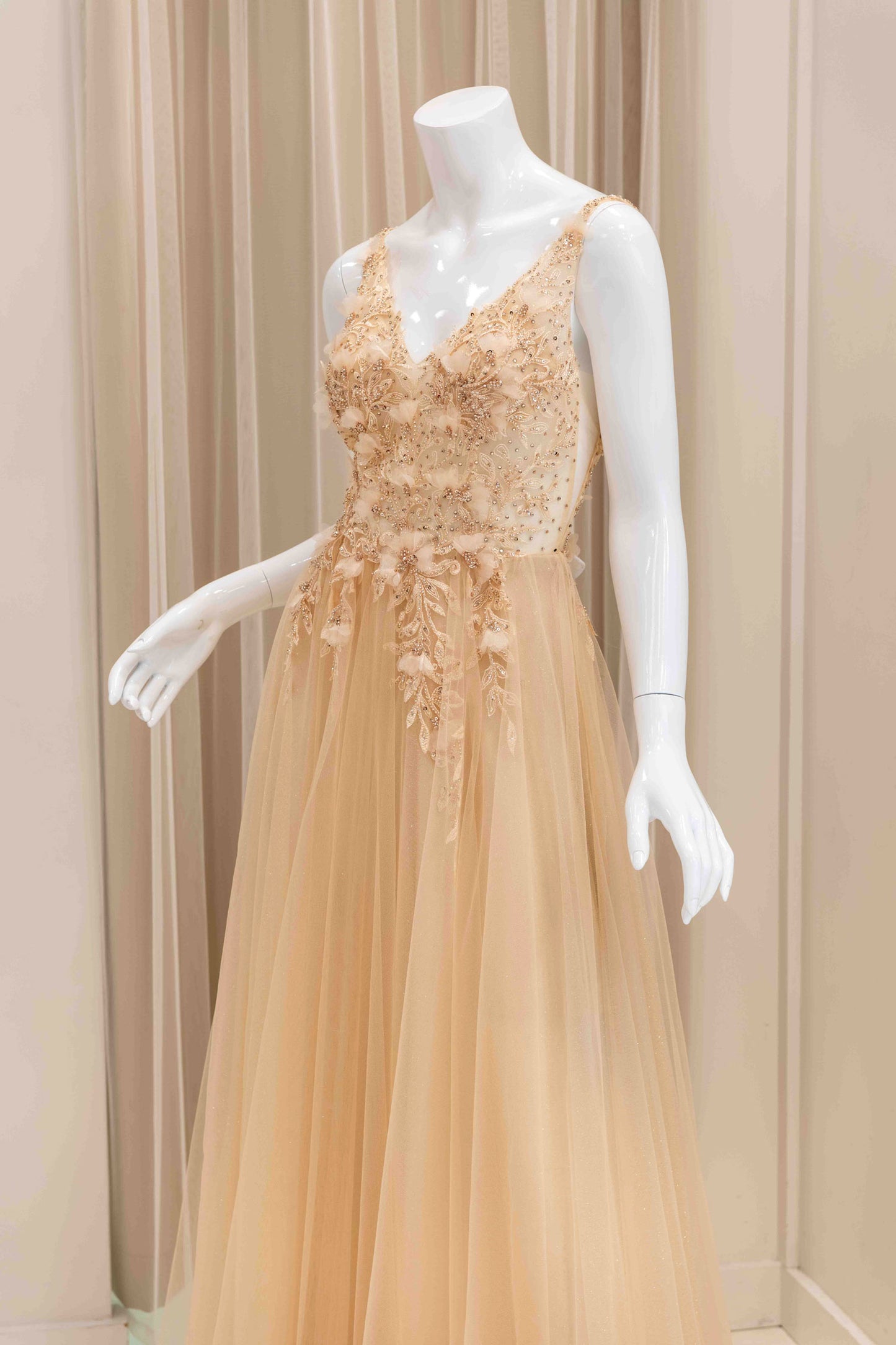 Aura 3D Flower Bodice Ball Gown in Champagne