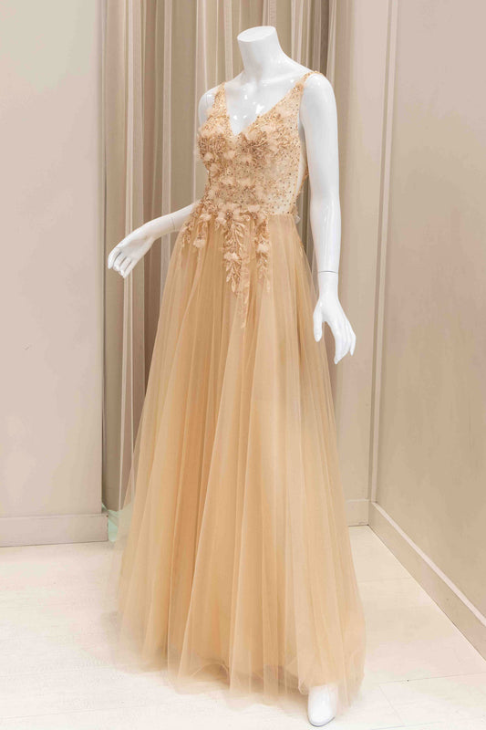 Aura 3D Flower Bodice Ball Gown in Champagne