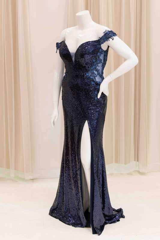 Carmella Sequin Evening Dress in Navy Blue