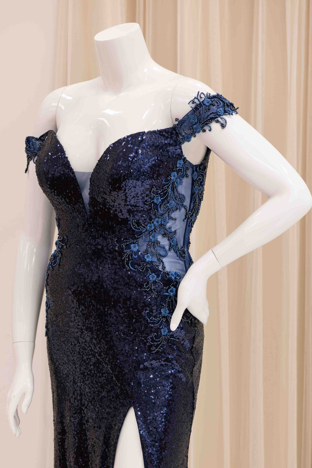 Carmella Sequin Evening Dress in Navy Blue