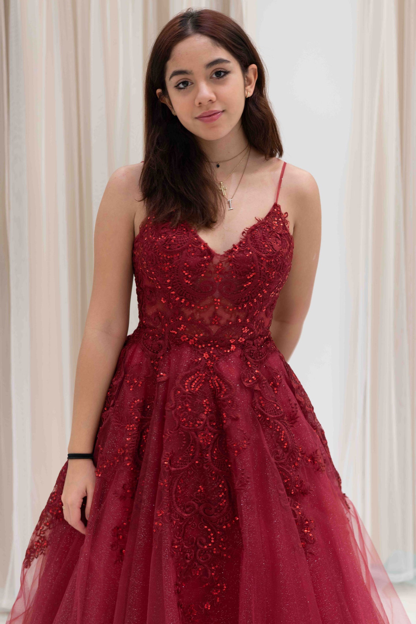 Charee Sequin Applique Evening Gown in Burgundy