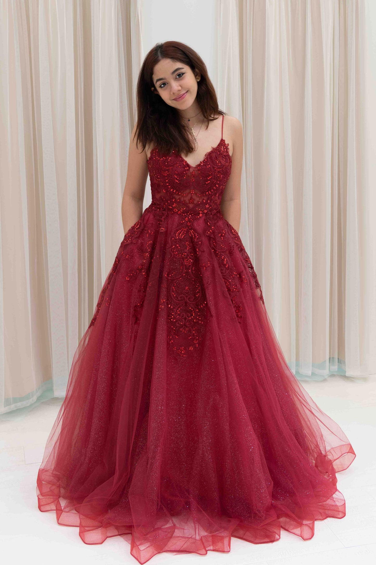 Charee Sequin Applique Evening Gown in Burgundy