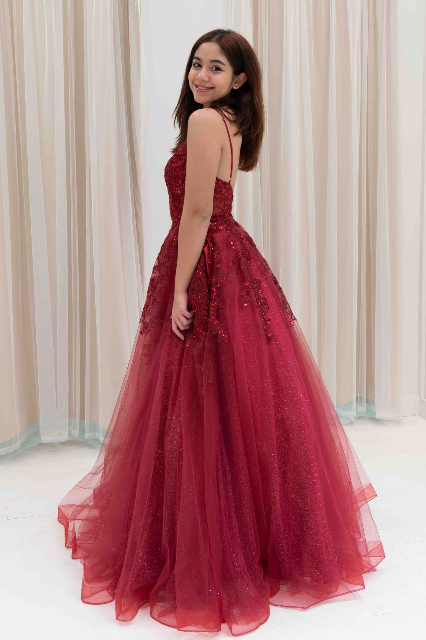 Charee Sequin Applique Evening Gown in Burgundy