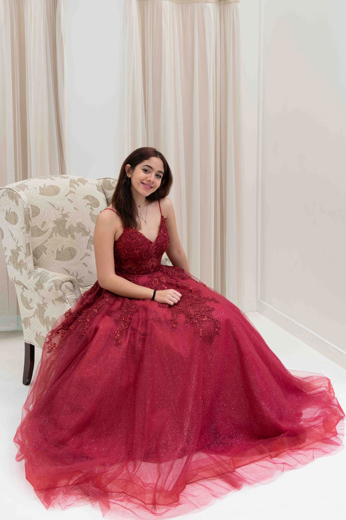 Charee Sequin Applique Evening Gown in Burgundy