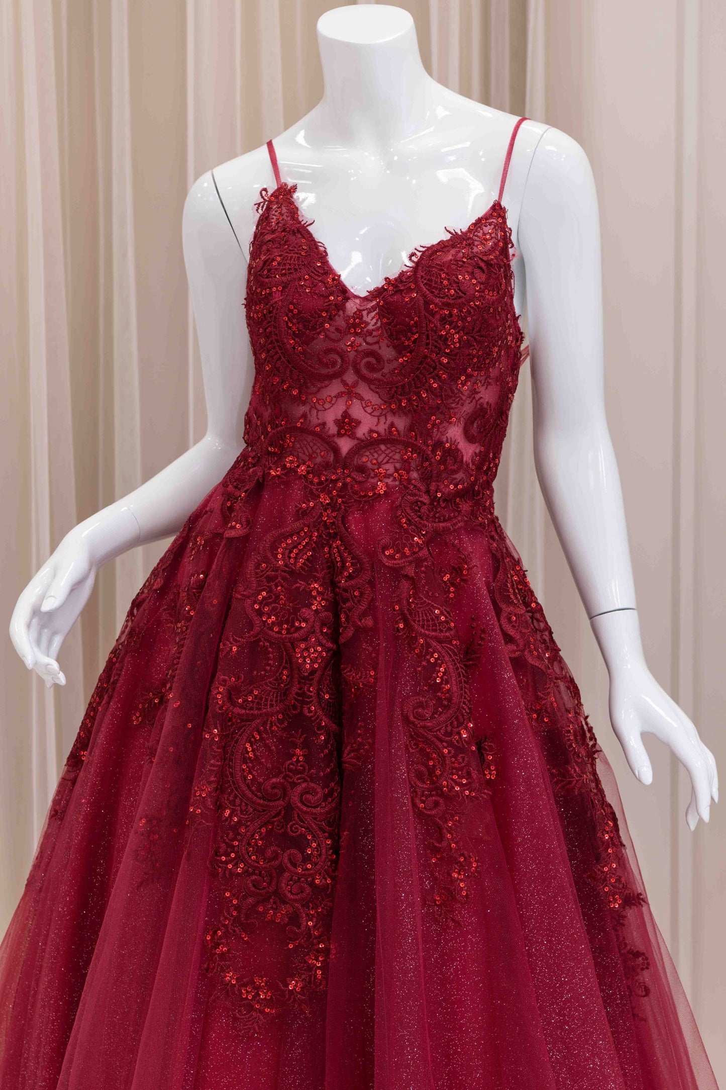 Charee Sequin Applique Evening Gown in Burgundy