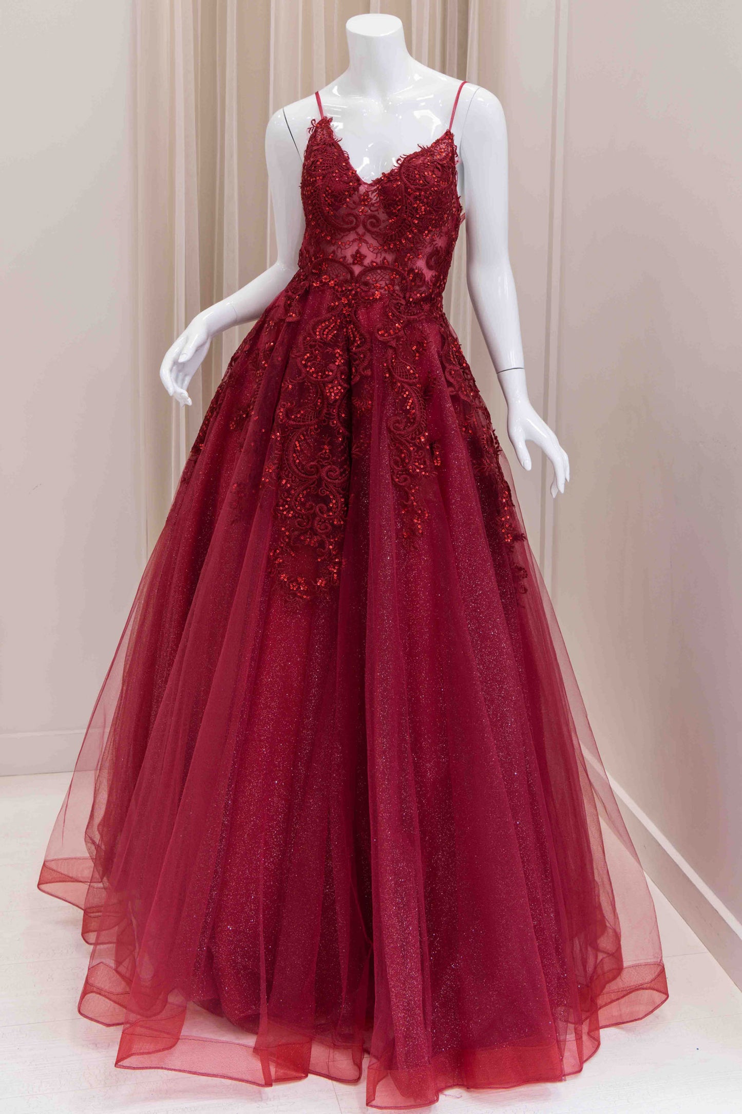 Charee Sequin Applique Evening Gown in Burgundy
