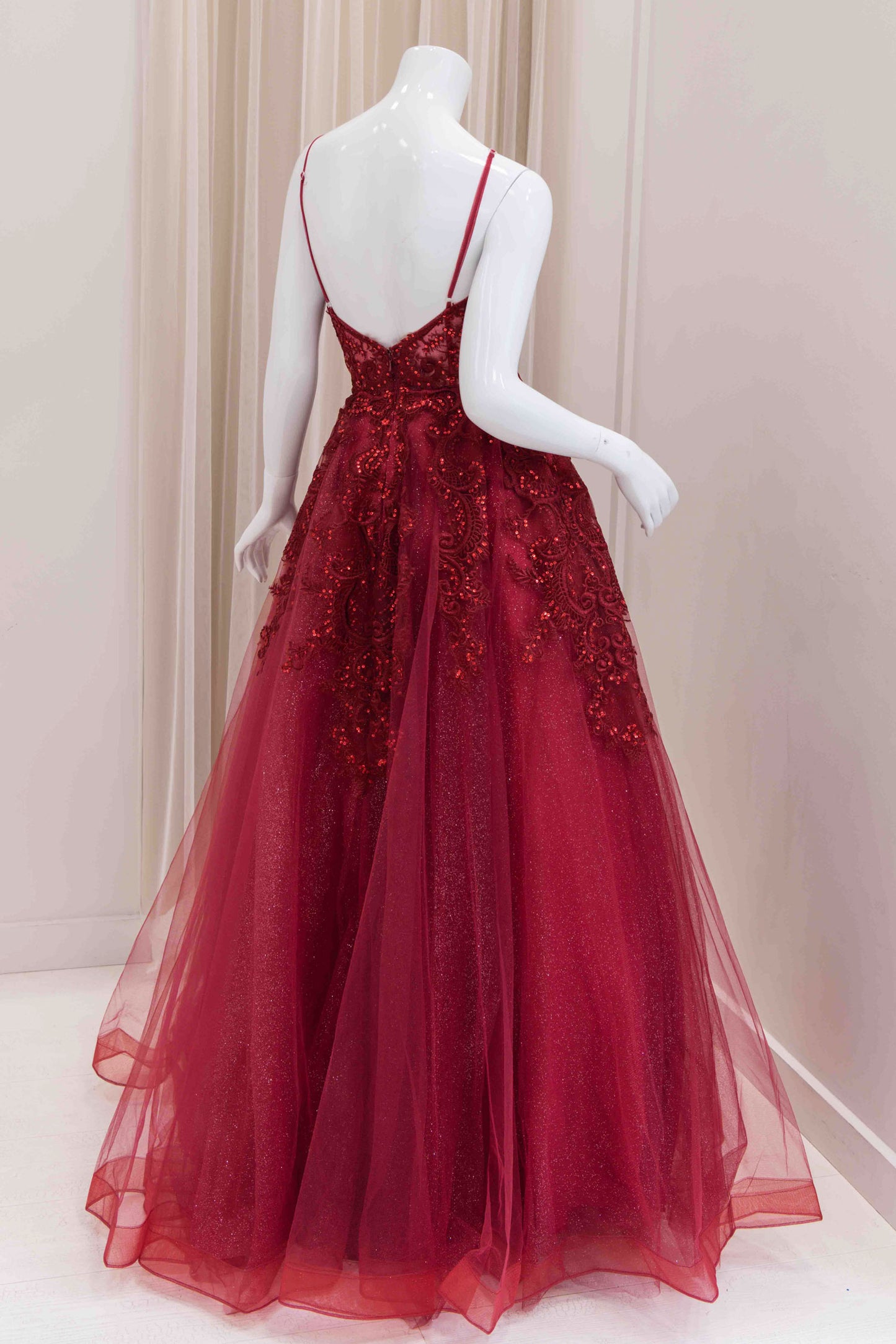 Charee Sequin Applique Evening Gown in Burgundy