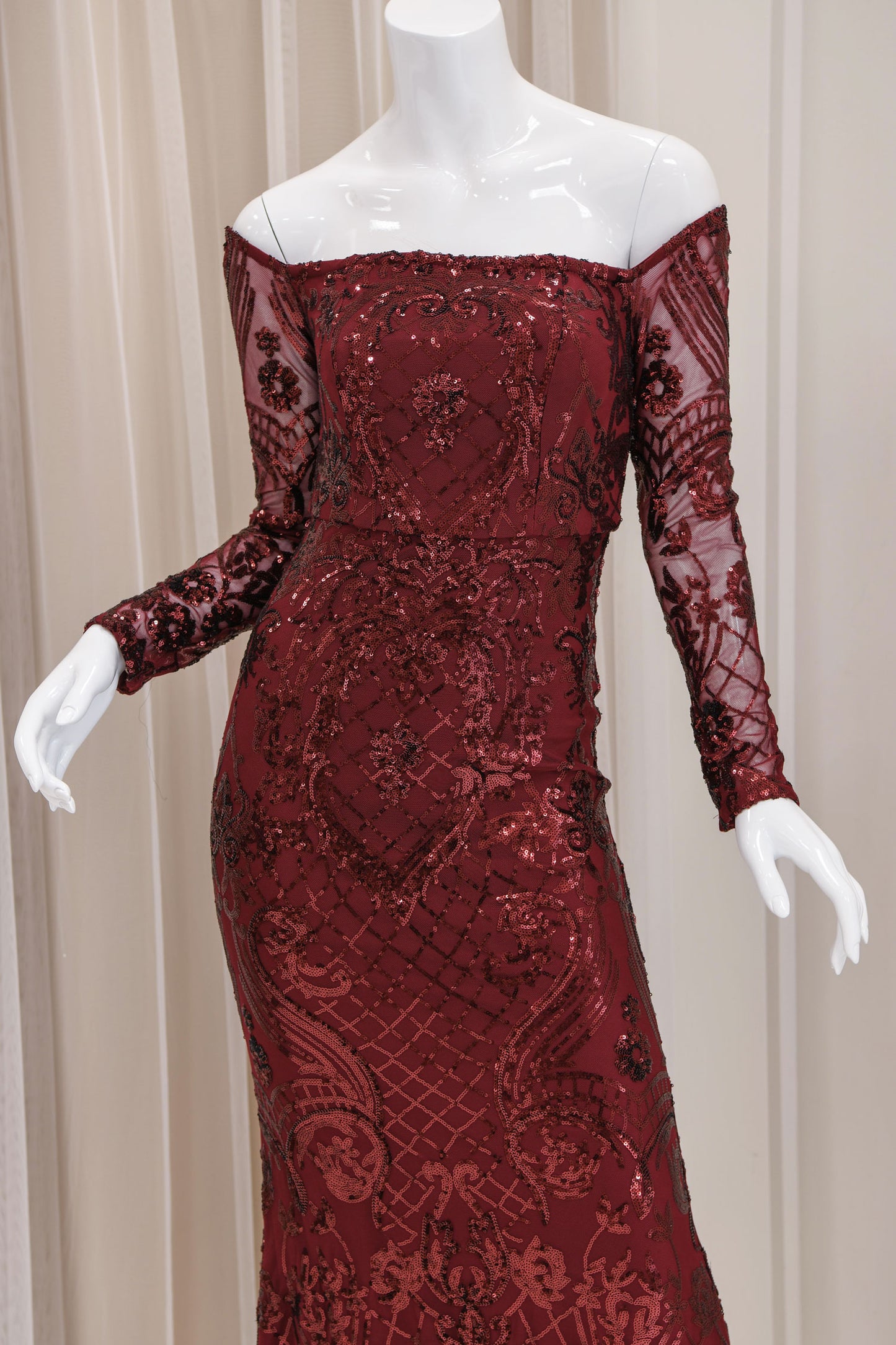 Chelsea Sequin Long Sleeve Evening Gown in Burgundy