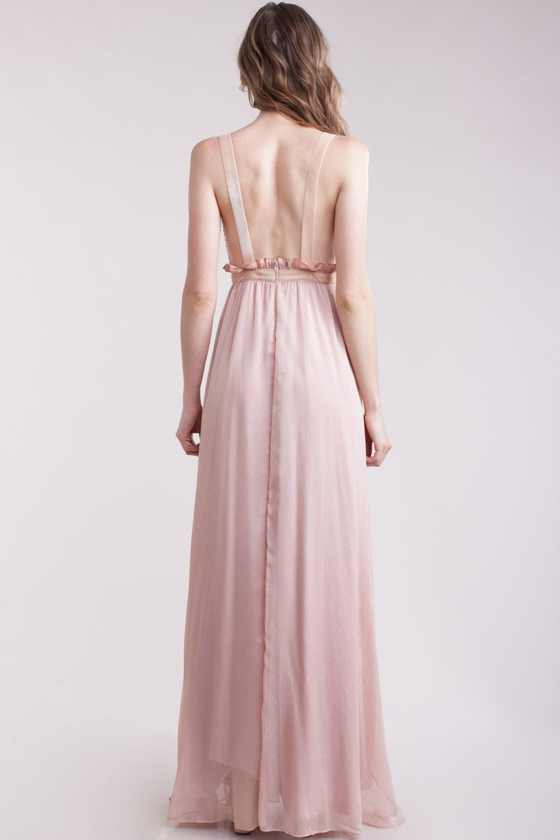 Dusty pink crinkle chiffon evening gown