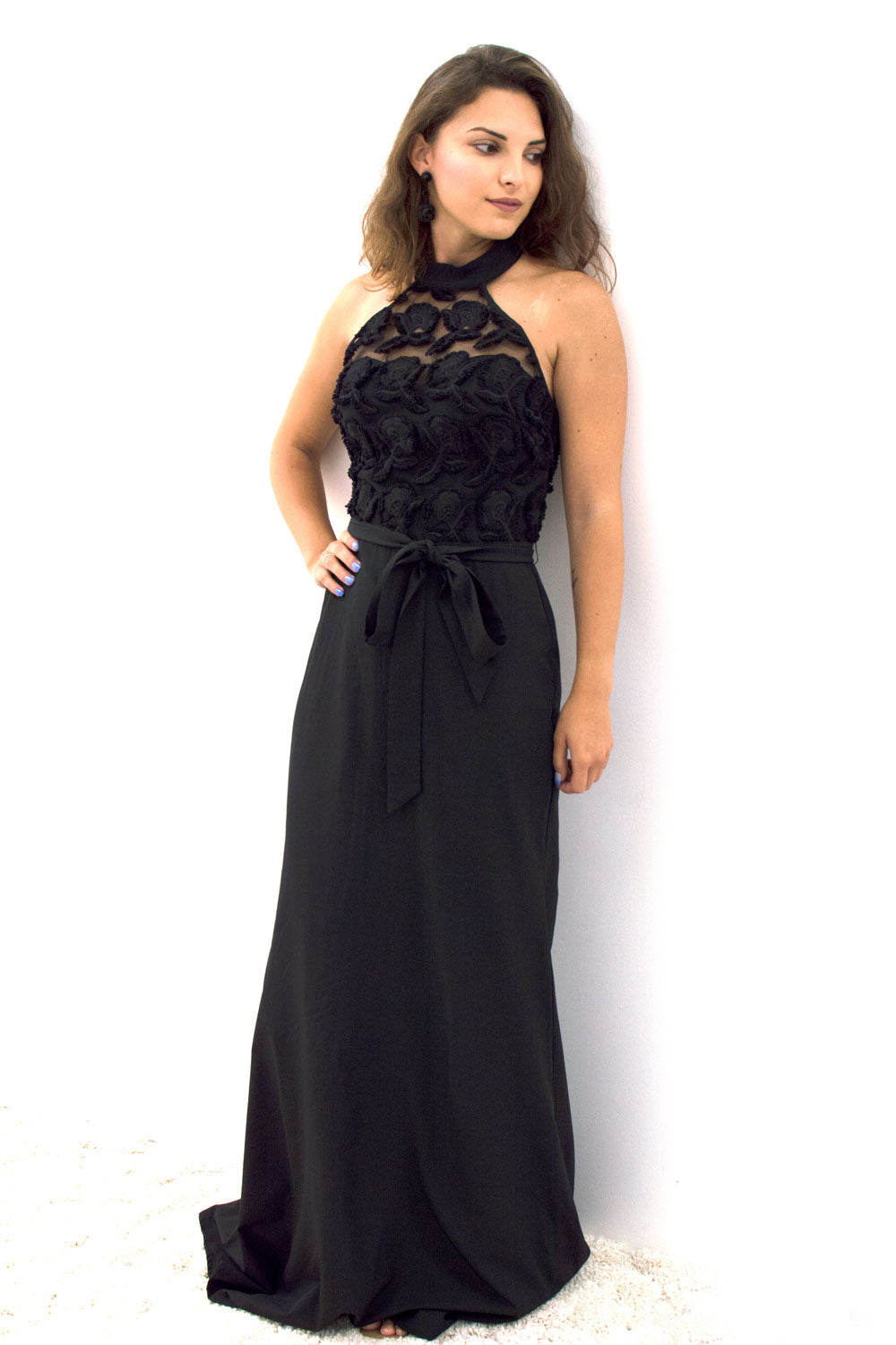 Black Rose Embroidered Halter Dress