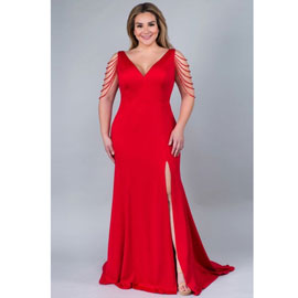 Tamira Beaded Sleeve Evening Dress in Red