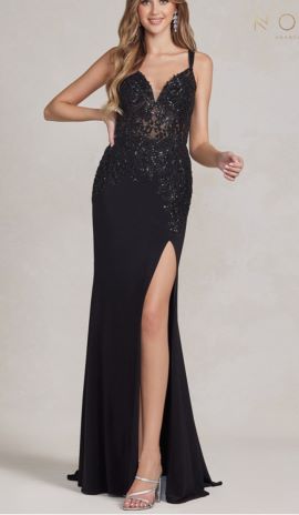 Acia Applique Bodice Evening Dress in Black