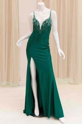 Liesel Satin Studded Evening Dress in Green