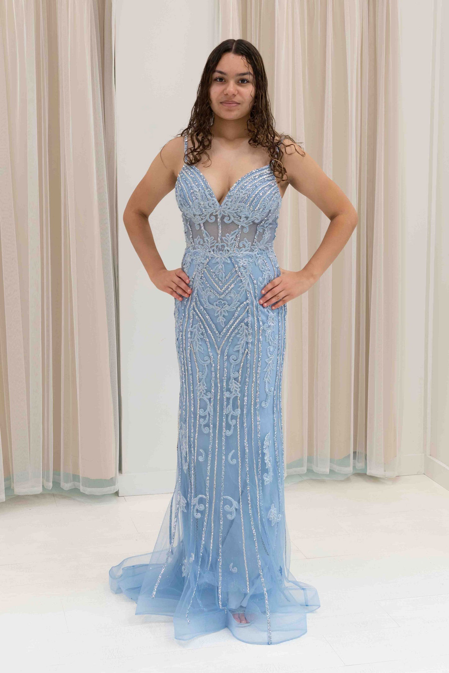 Daiya Spaghetti Strap Evening Gown in Light Blue