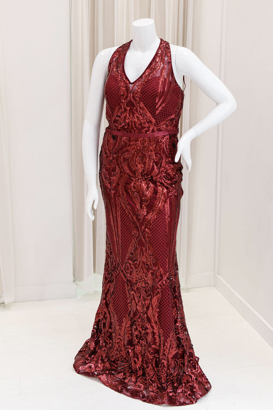 Dalenna Sequin Evening Gown in Burgundy