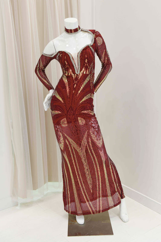 Daneira Sequin Evening Gown in Burgundy