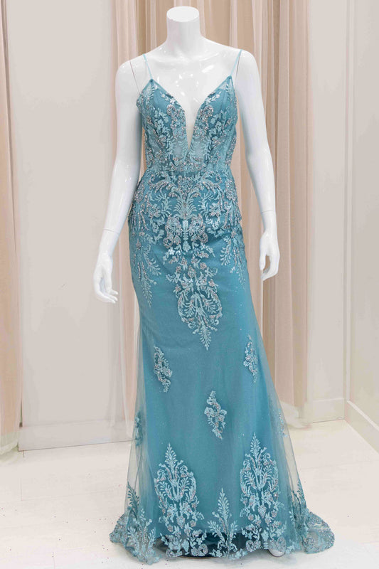 Darleena Lace Up Back Evening Gown in Sage Green