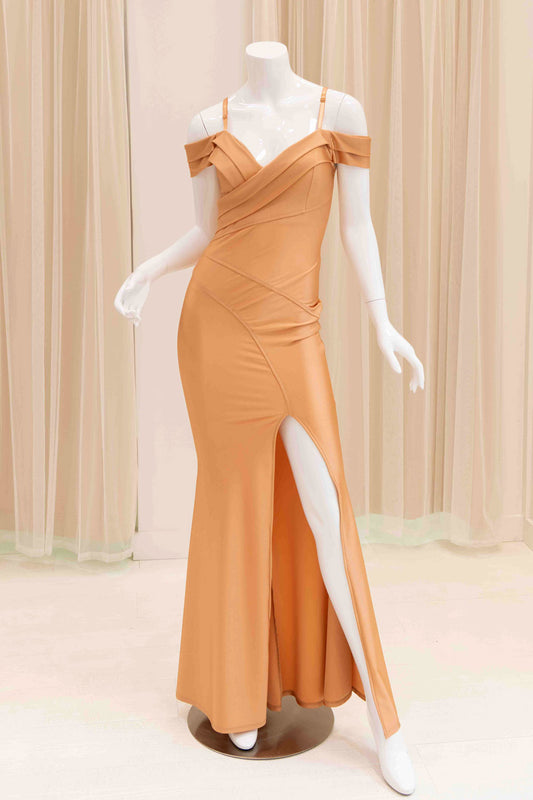 Daylinn Off Shoulder Evening Dress in Nude