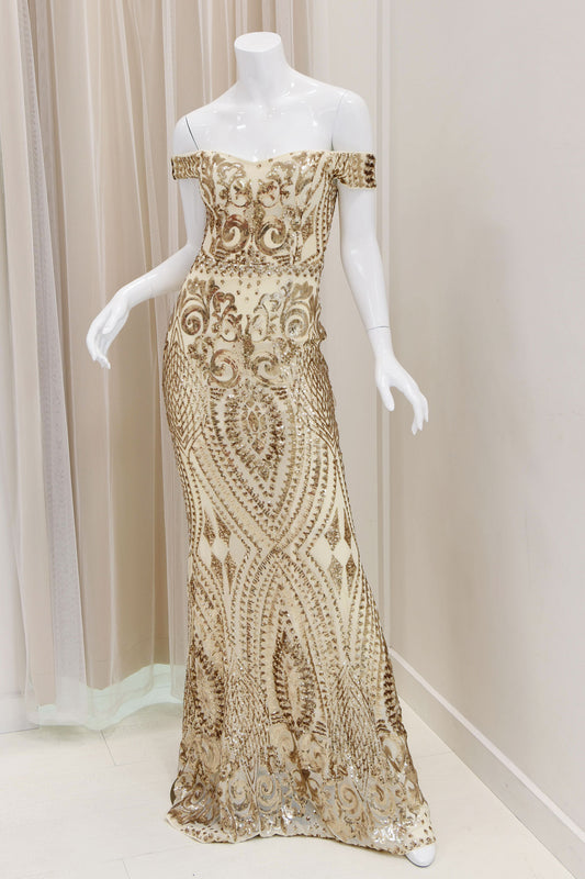 Elina Sequin Off Shoulder Evening Dress in Gold