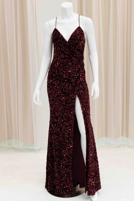 Elisa Sequin Velvet Evening Dress in Burgundy