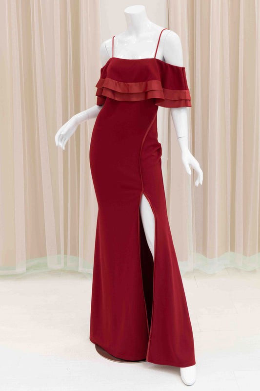 Evana Off Shoulder Evening Dress in Burgundy