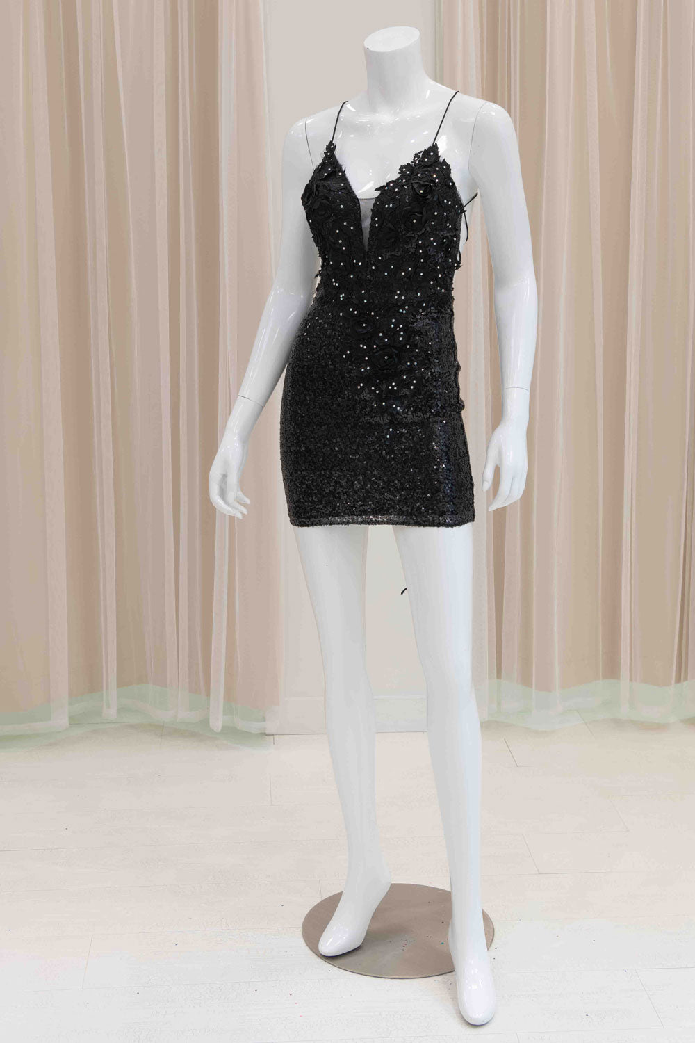 Florence Sequin Tie Back Mini Dress in Black