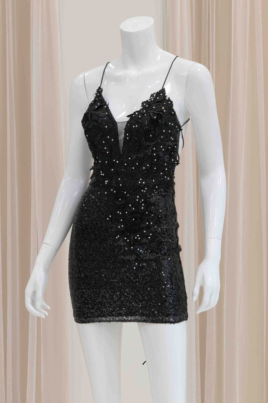 Florence Sequin Tie Back Mini Dress in Black
