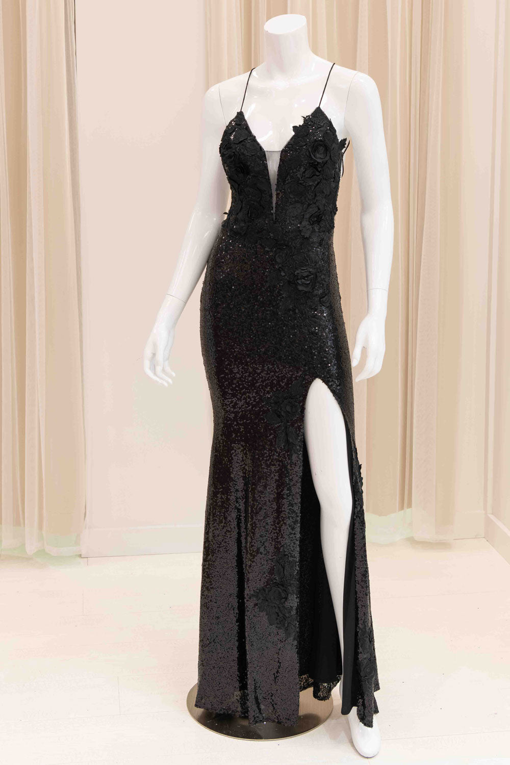 Florence Tie Back Sequin Evening Gown in Black