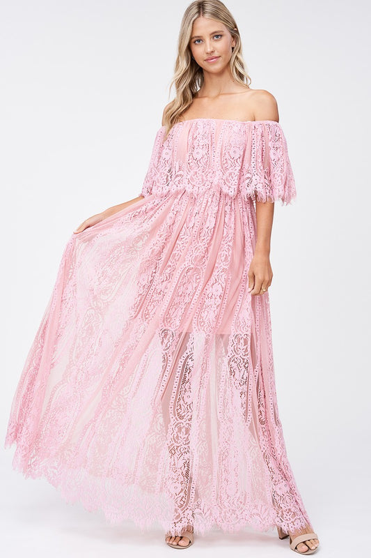 Seraphina Lace Off Shoulder Evening Gown in Pink