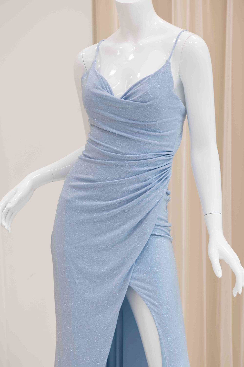 Geneva Glitter Tie Back Evening Dress in Light Blue
