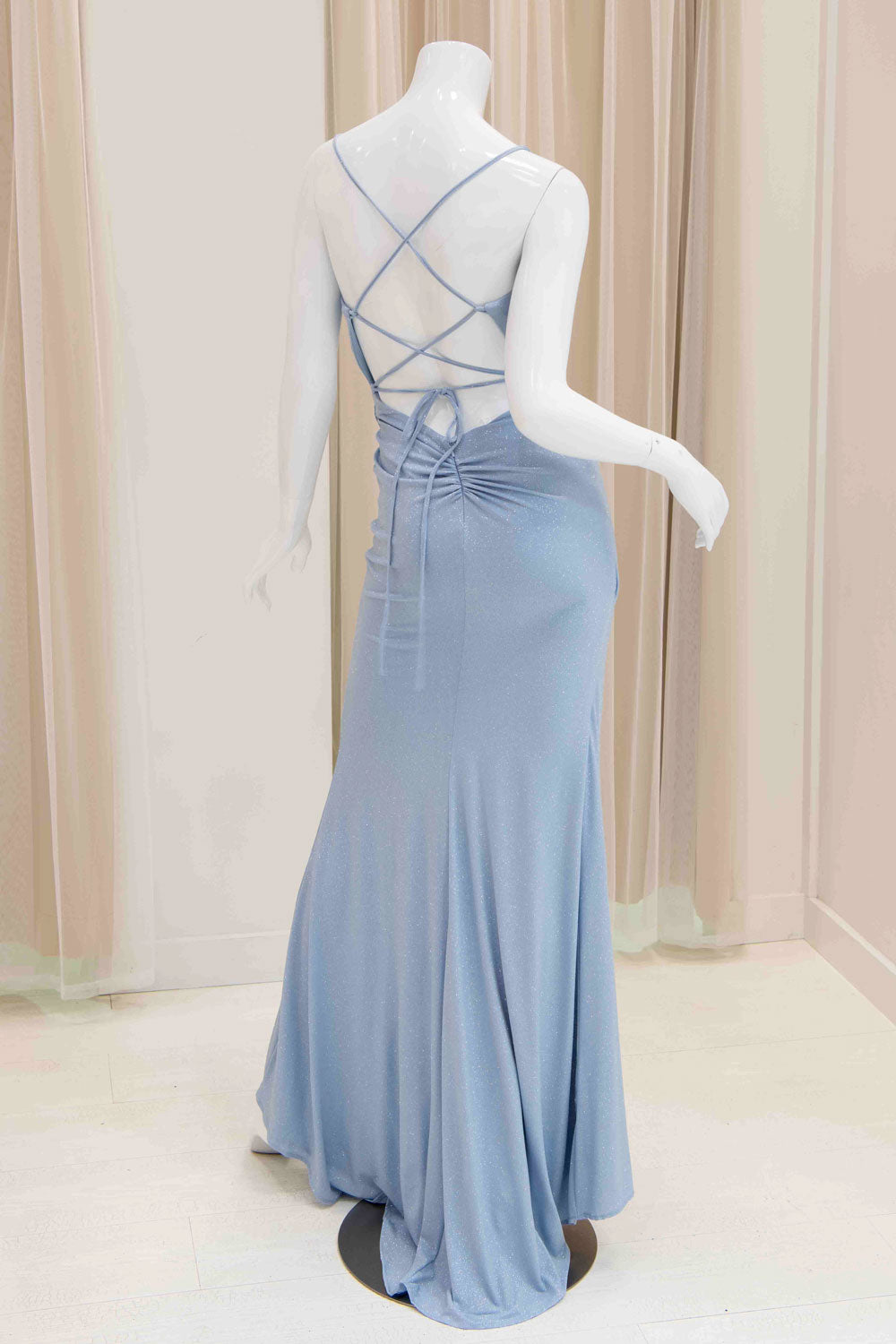 Geneva Glitter Tie Back Evening Dress in Light Blue