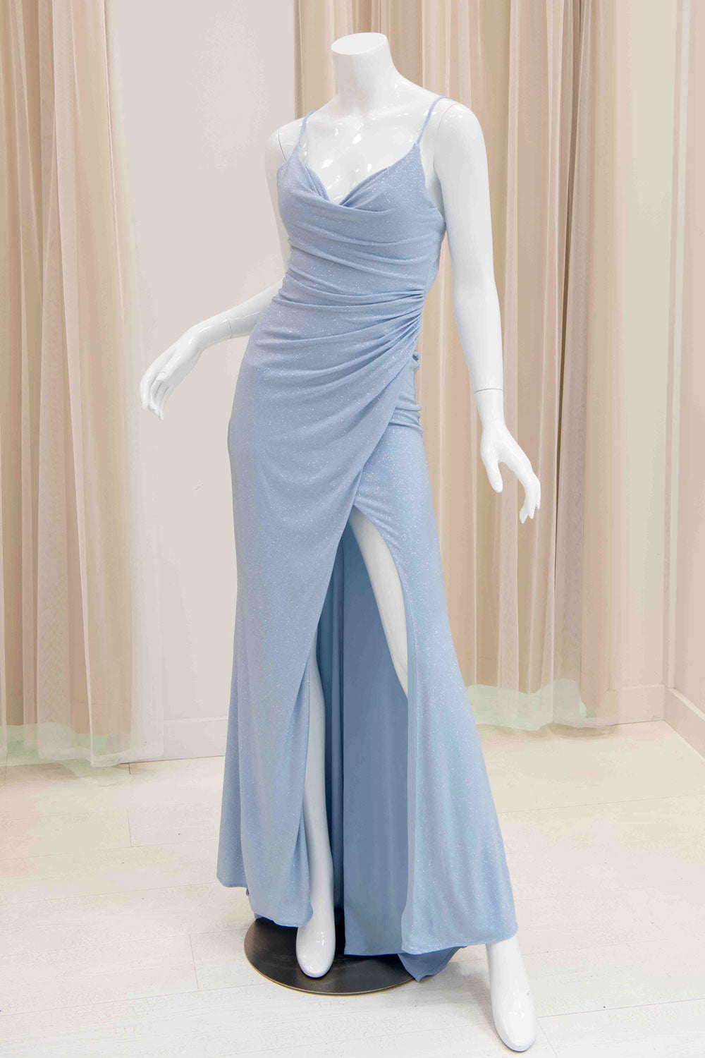 Geneva Glitter Tie Back Evening Dress in Light Blue