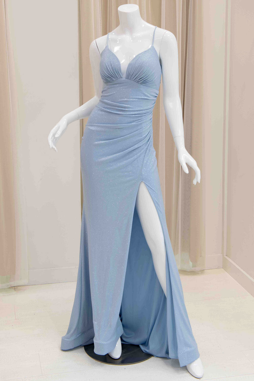 Geneva V-Neck Glitter Evening Dress in Light Blue