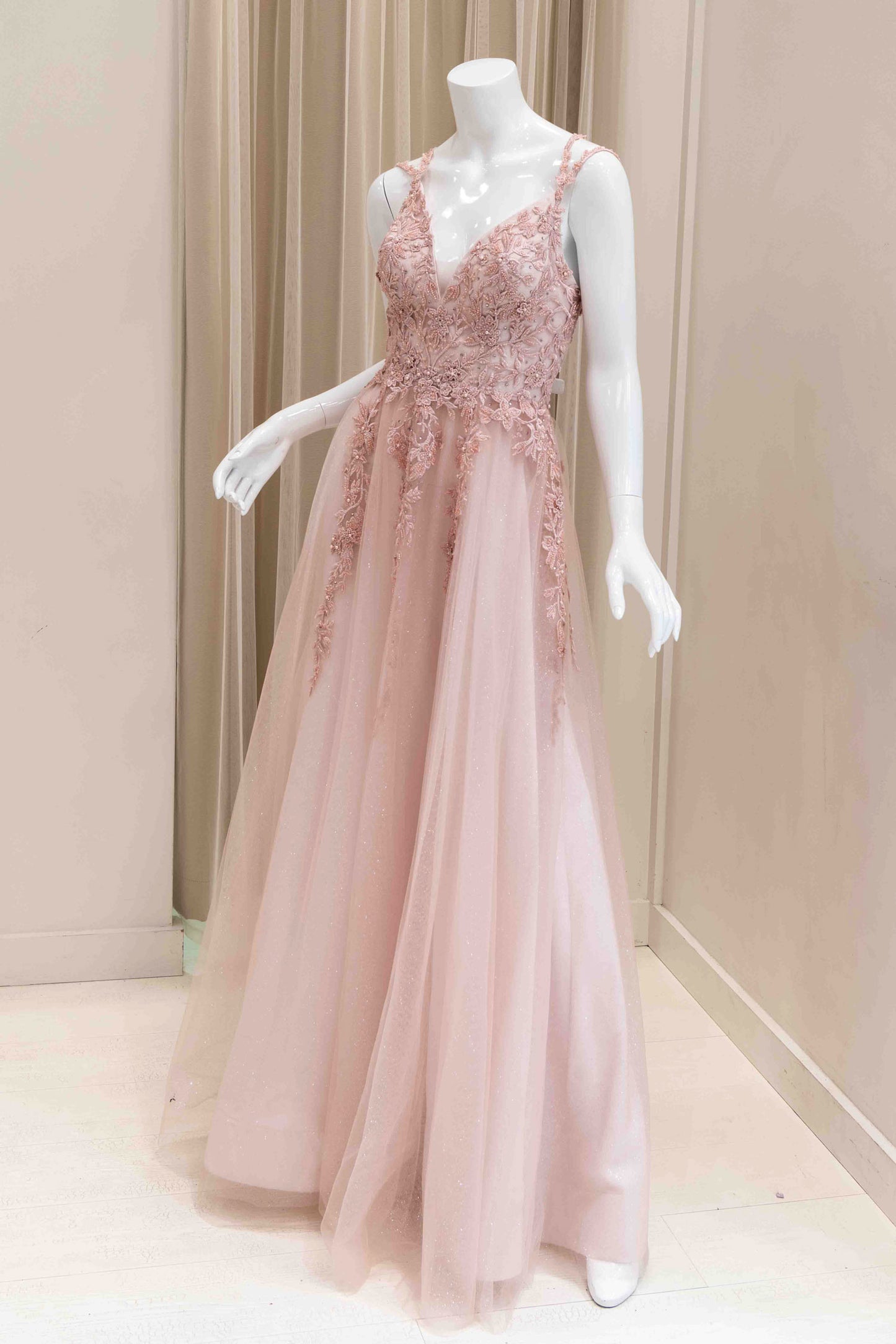 Havilah Applique Spaghetti Strap Evening Dress in Dusty Rose