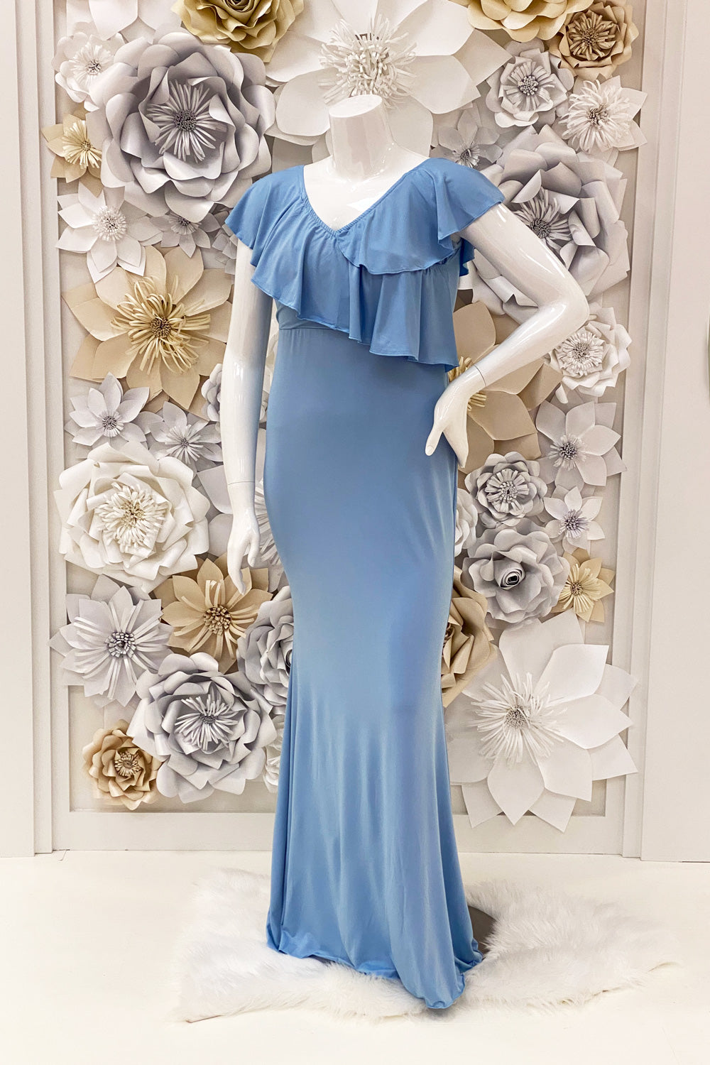 Zenaida Ruffle Evening Dress in Light Blue