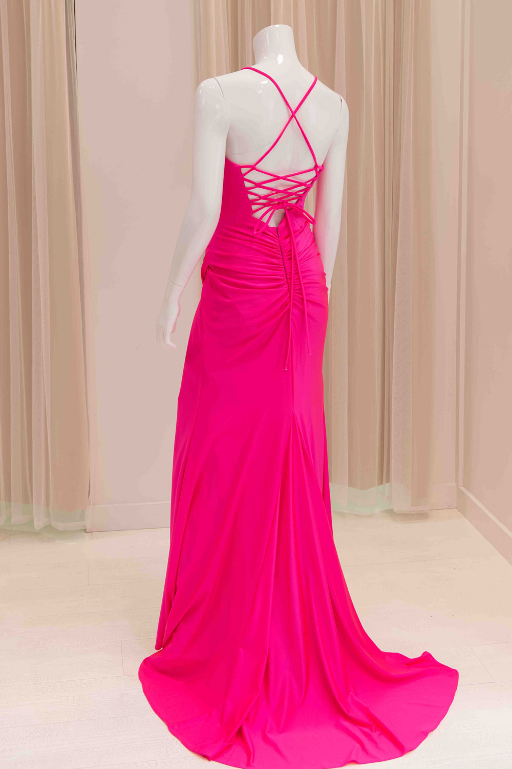 Jaida Satin Tie Back Evening Dress in Hot Pink
