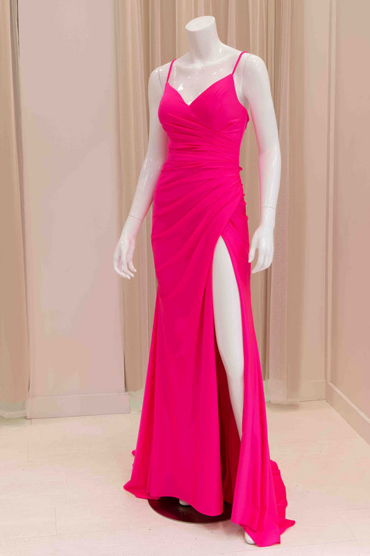 Jaida Satin Tie Back Evening Dress in Hot Pink